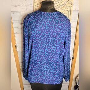 Vintage Jones New York Purple Blue Abstract Cheetah Print Long Sleeve Blouse